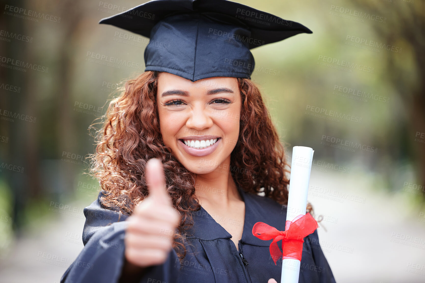 Buy stock photo Thank you, portrait of woman with thumbs up and on graduation day outside of campus with certificate. University or college student, success or achievement and happy female person with diploma 