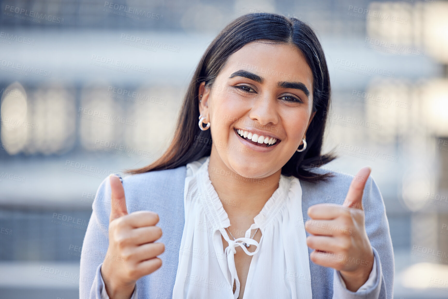 Buy stock photo Thumbs up, portrait and businesswoman with smile for success, thank you and feedback for project in city. Female person, corporate and career review by office building for international company