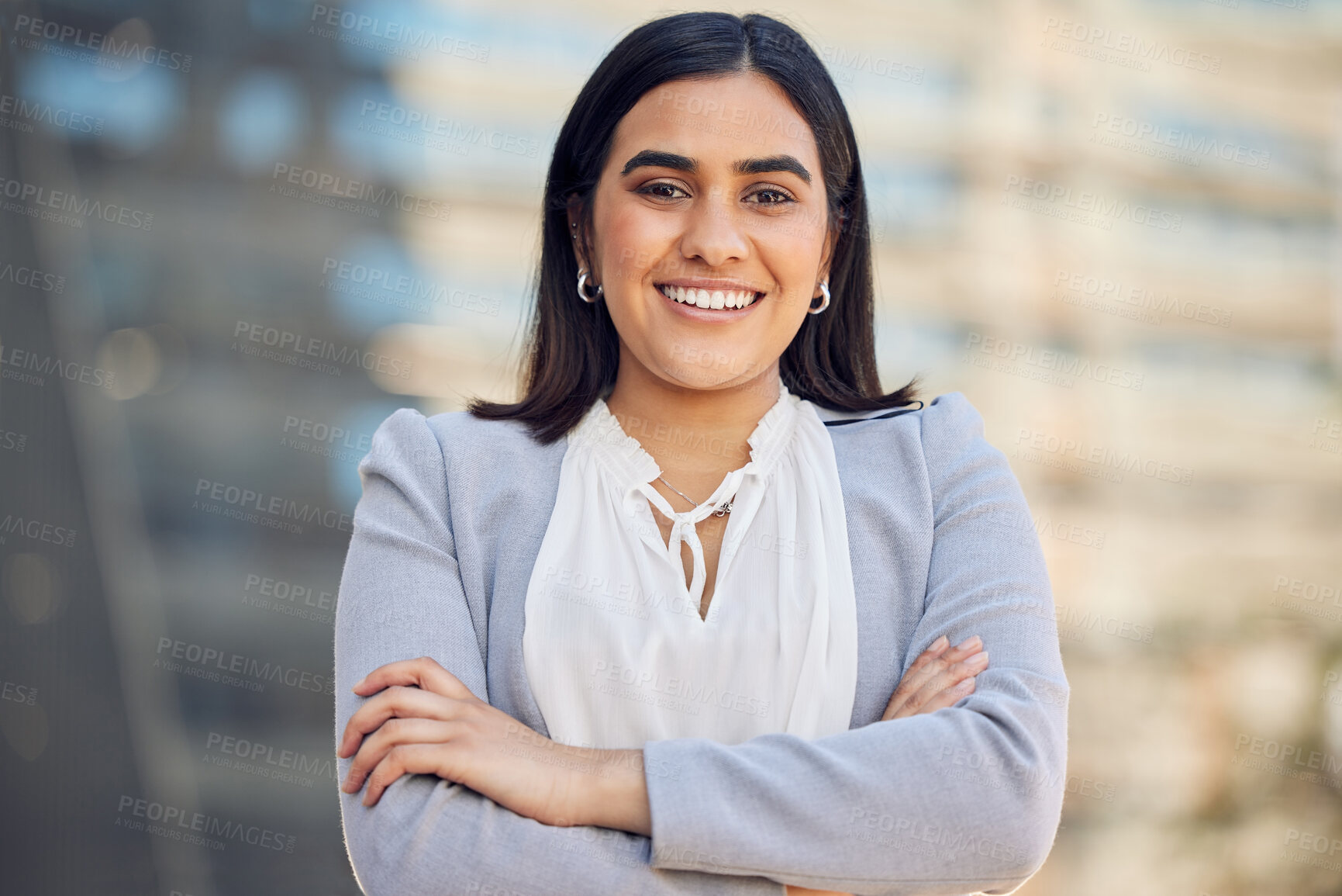 Buy stock photo Business woman, confident and portrait in city, employee and proud of career opportunity in town. Female person, arms crossed and smile for urban satisfaction, professional and lawyer in outdoor