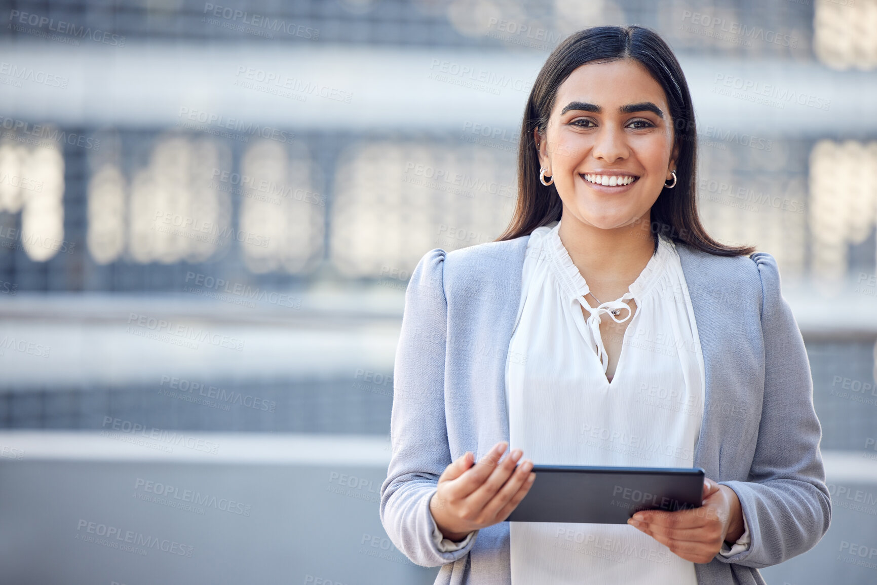 Buy stock photo Business woman, tablet and portrait in city, employee and communication on app in town. Female person, website and research for company growth opportunity, professional and urban lawyer in outdoor