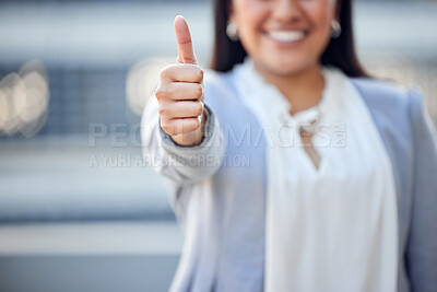 Buy stock photo Thumbs up, businesswoman and smile for success, thank you and feedback with pride for job in city. Female person, corporate and career review by office building for start up company and achievement