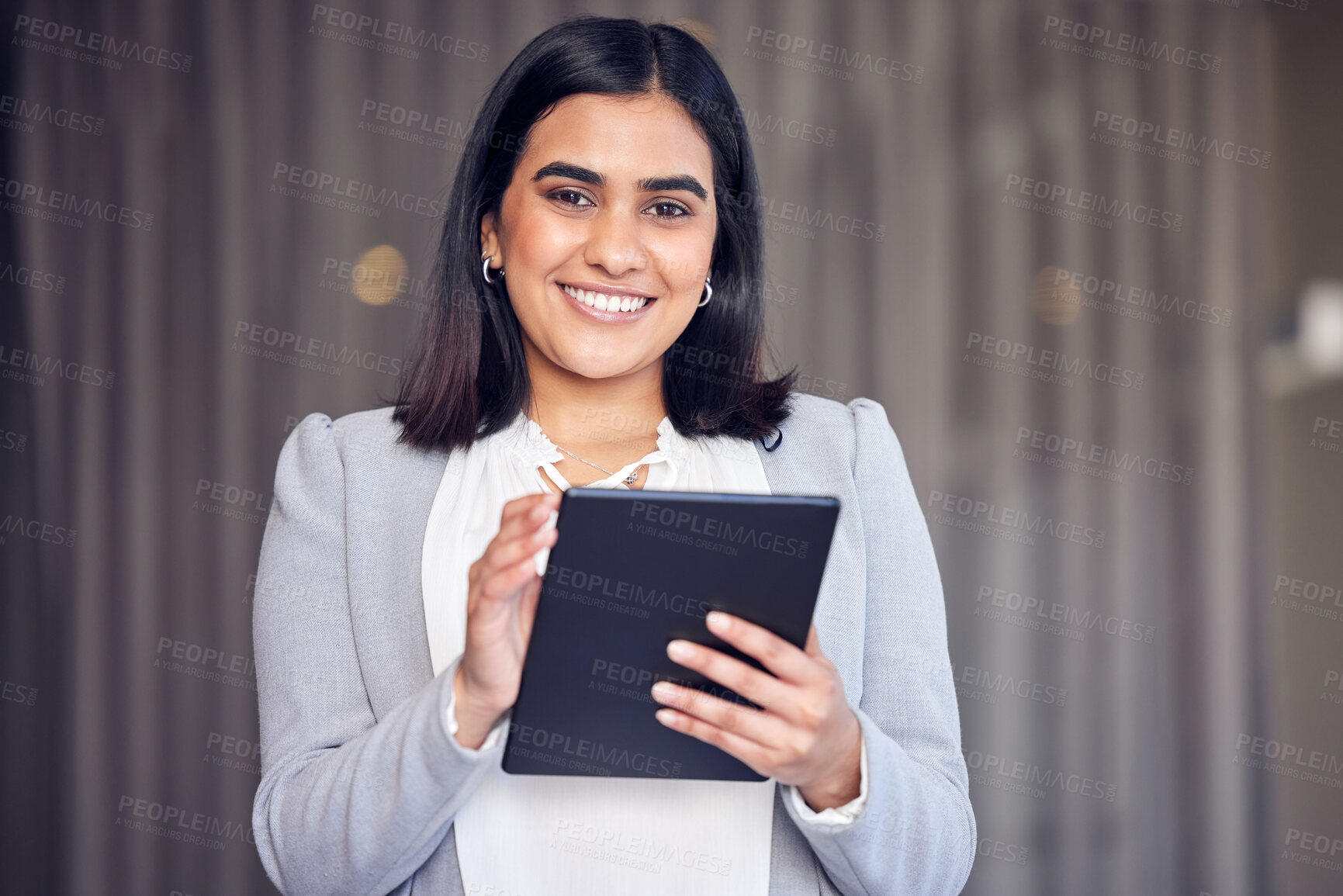 Buy stock photo Businesswoman, tablet research and portrait in office, employee and communication on app. Female person, website and online for company growth opportunity, professional and attorney in workplace