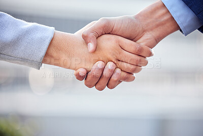 Buy stock photo Handshake, partners and deal in outdoor for growth, merger and onboarding agreement or thank you. Colleagues, collaboration and support in meeting, solidarity and recruitment or teamwork promotion