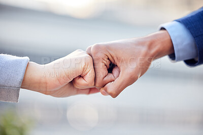 Buy stock photo Fist bump, business people and support in outdoor for team building, trust and agreement or thank you. Colleagues, collaboration and motivation in meeting, solidarity and unity or teamwork power