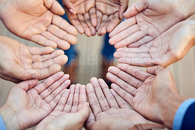 Buy stock photo Hands, together and circle with unity for team building business people for collaboration with support. Trust, staff and partnership in corporate company with agreement for solidarity with diversity.