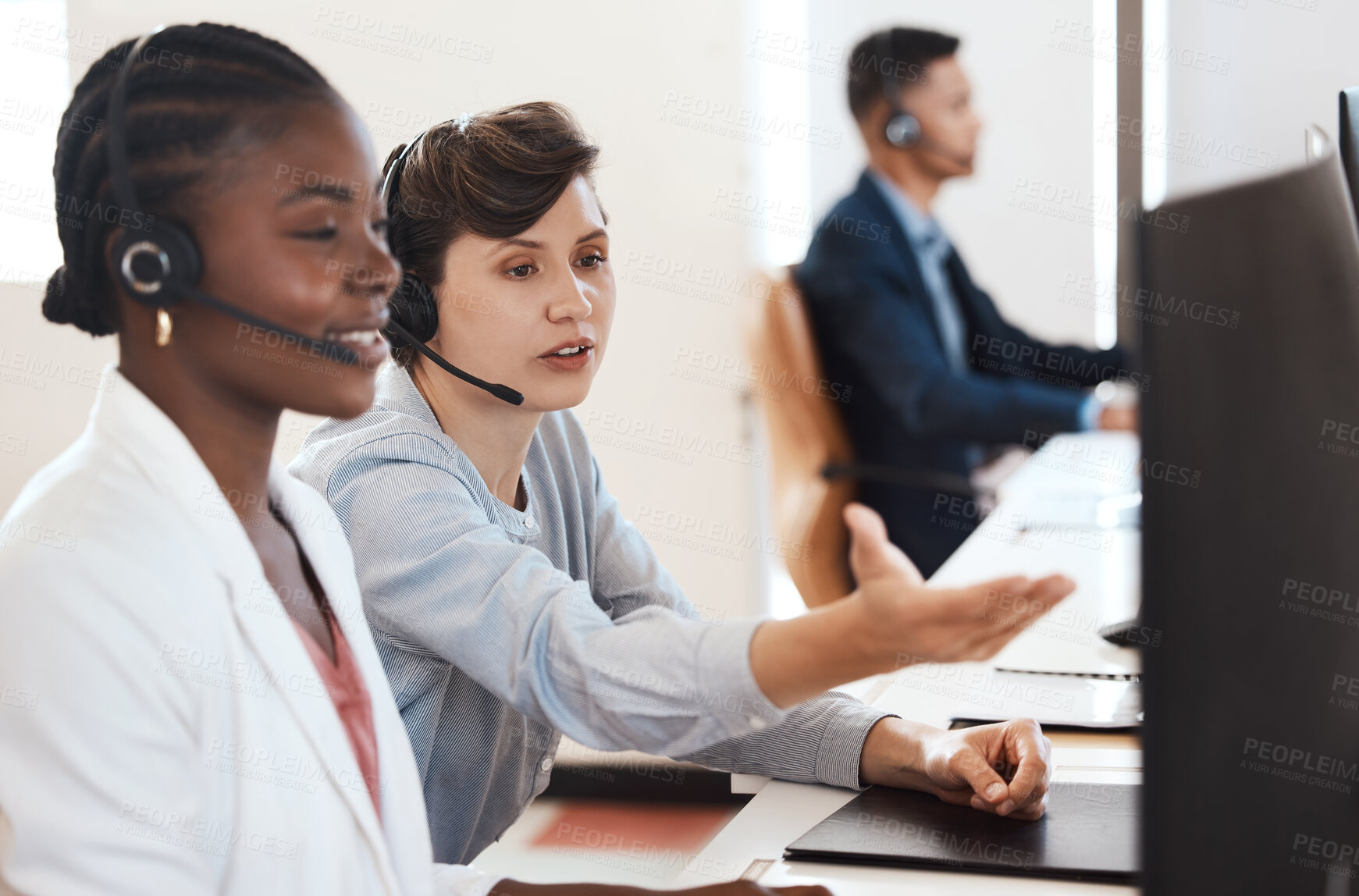 Buy stock photo Black woman, manager and training in office in call center for customer service, headset and online faq. Female agent, headphones and staff help in telemarketing agency for consultation and crm coach
