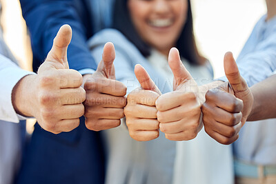 Buy stock photo Thumbs up, success and diversity with business people for vote and feedback with group hands for project in city. Teamwork, corporate and collaboration with achievement by office building in New York