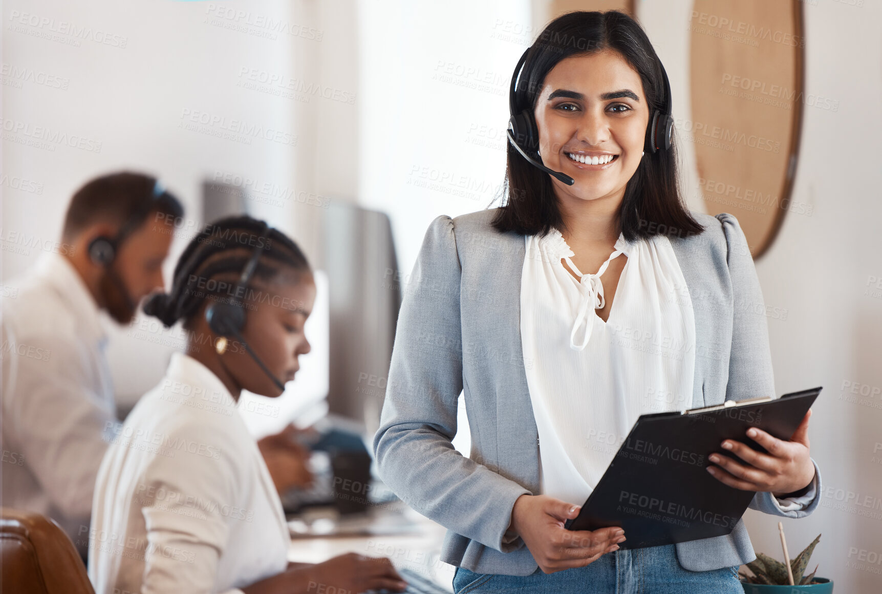 Buy stock photo Call center, customer support and portrait of a consultant with clipboard for management in the office. Contact us, headset and female telemarketing agent manager with crm communication in workplace.