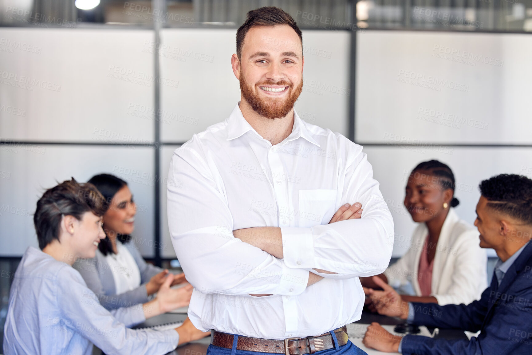 Buy stock photo Businessman, portrait and happy with team for company growth, financial management or leadership. Discussion, investment ideas or training and entrepreneur, planning and collaboration for workshop