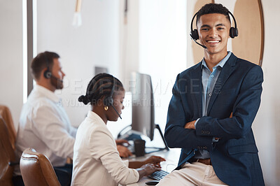 Buy stock photo Call center, portrait and happy agent working in office of customer service, support or job in crm communication. Man, contact us and telemarketing sales employee or career in online consulting