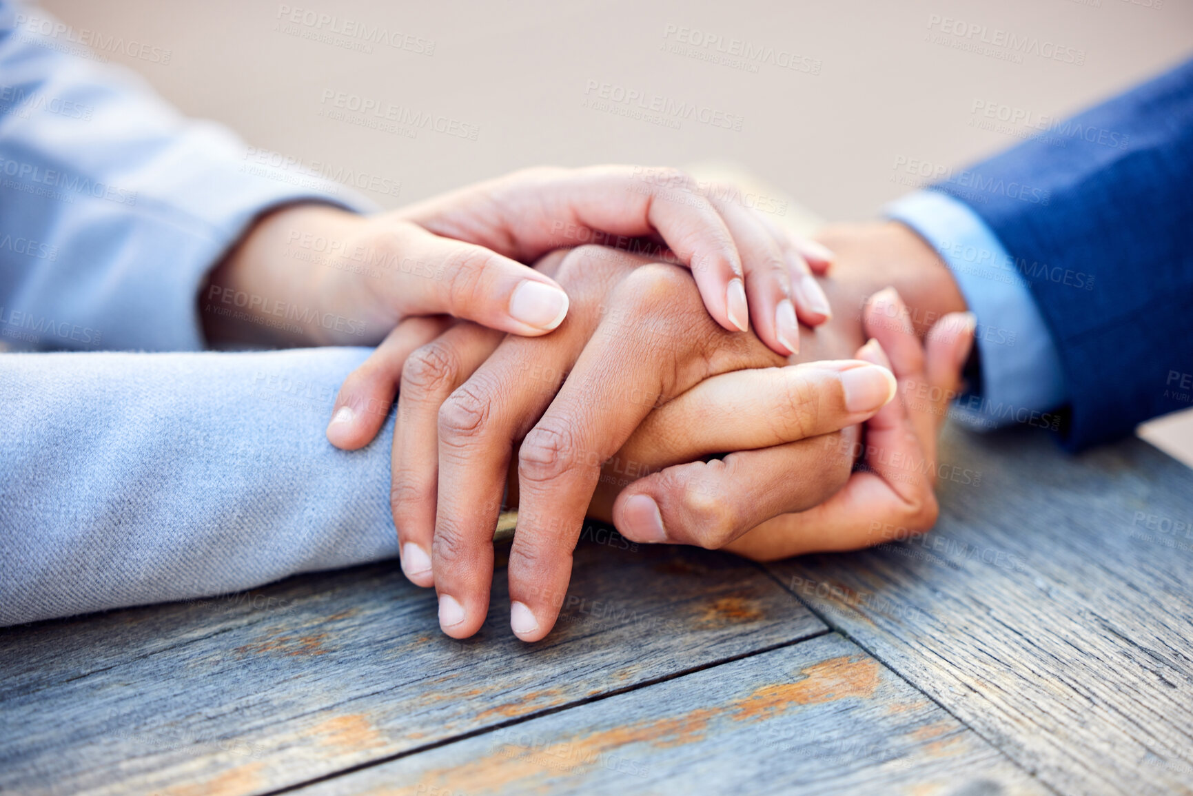 Buy stock photo Hands, holding and business people with comforting outside for support with colleague or motivation. Together, work and consoling for job loss or grief with help for care with respect for coworker. 