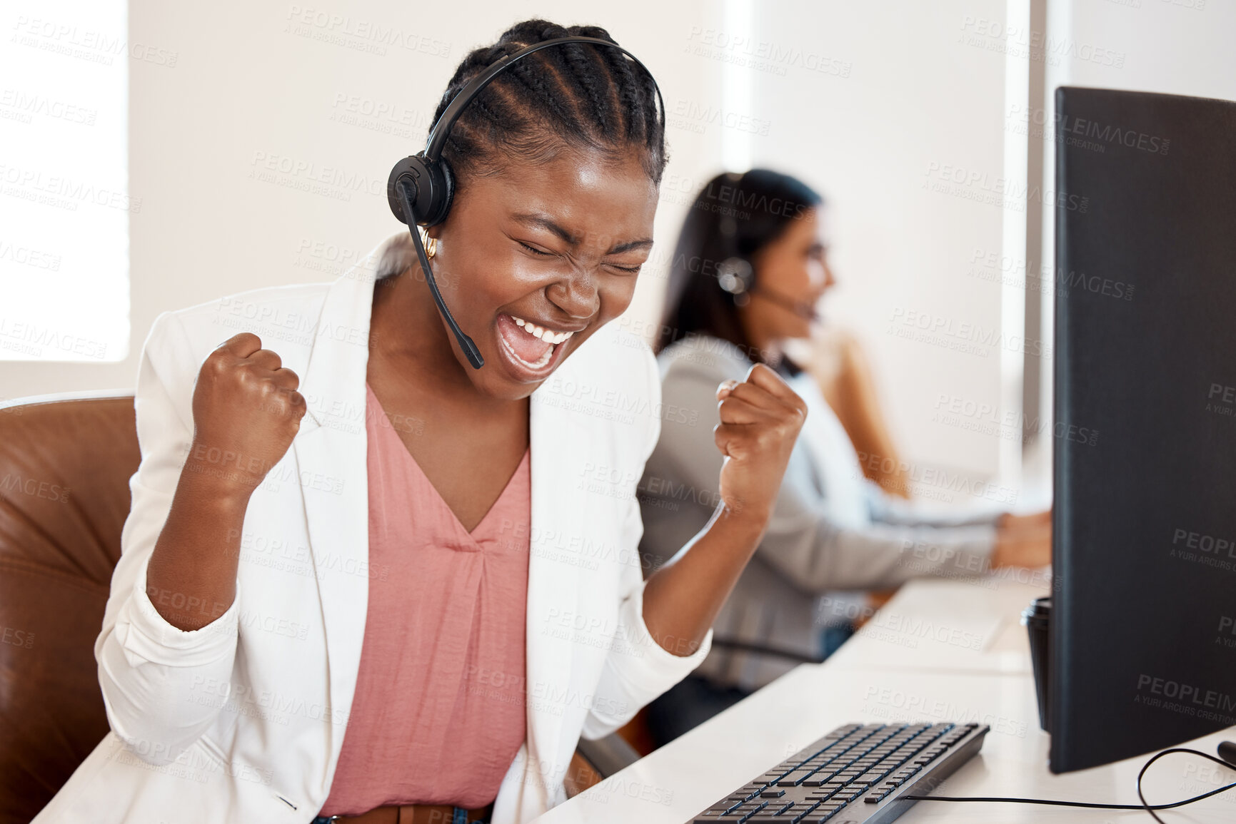 Buy stock photo Black woman, call center and celebration at desk in office for customer service, goal achievement and telemarketing. African female agent, headphones and success for promotion bonus and sales deal