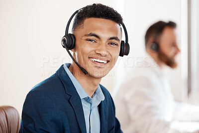 Buy stock photo Portrait, call center and happy agent working in office of customer service, support or job in crm communication. Man, contact us and telemarketing sales employee or online consulting career