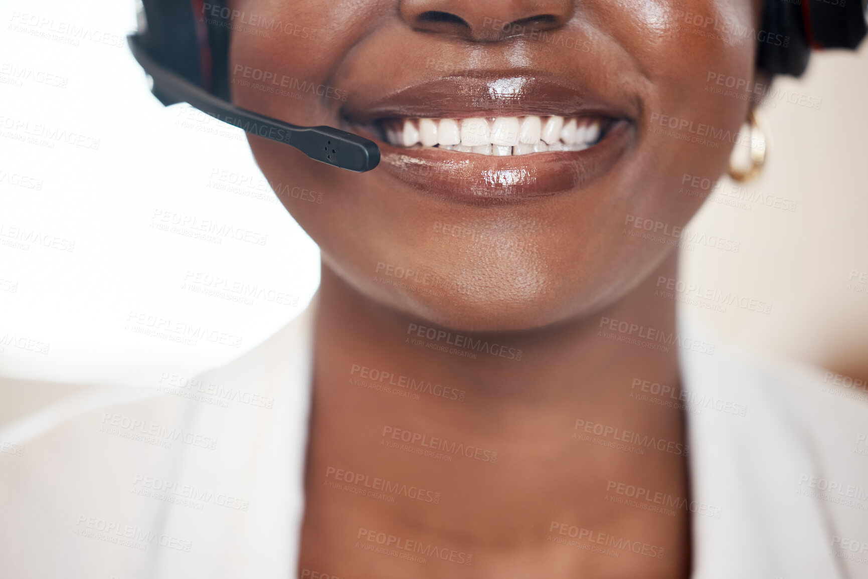 Buy stock photo Mouth, person and smile with headphones while working for call center or customer service in office. Black woman, happy and headset for job, career and company as agent with telemarketing pitch
