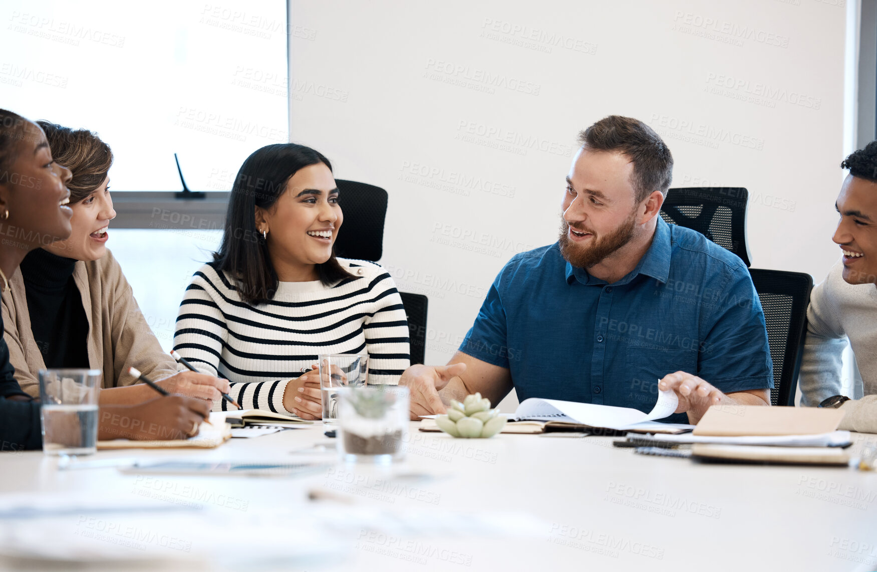 Buy stock photo Business people, talking or meeting in office for communication, teamwork and collaboration or deal. Planning, coworkers or colleagues in boardroom for conversation, partnership or negotiation