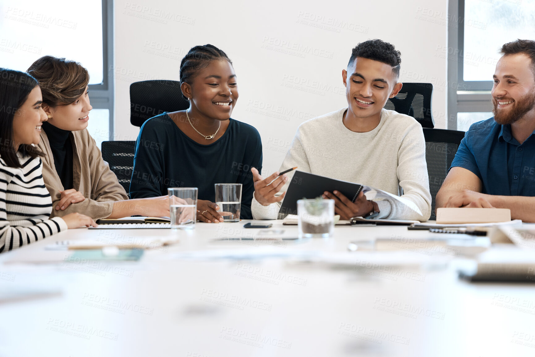 Buy stock photo Business people, talking or meeting in office for communication, teamwork and collaboration or deal. Planning, coworkers or colleagues in boardroom for conversation, partnership and negotiation