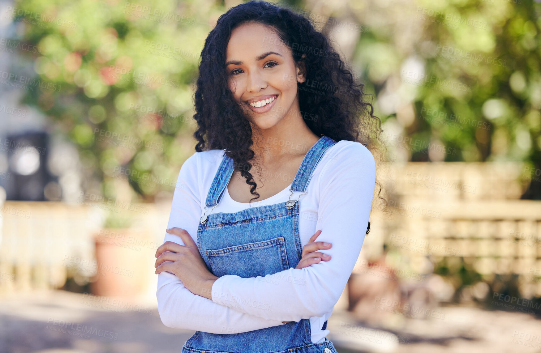 Buy stock photo Arms crossed, portrait and smile with woman in garden for growth, landscaping or sustainability for startup business. Gardening, nursery and summer with happy florist outdoor for flower or plant sale