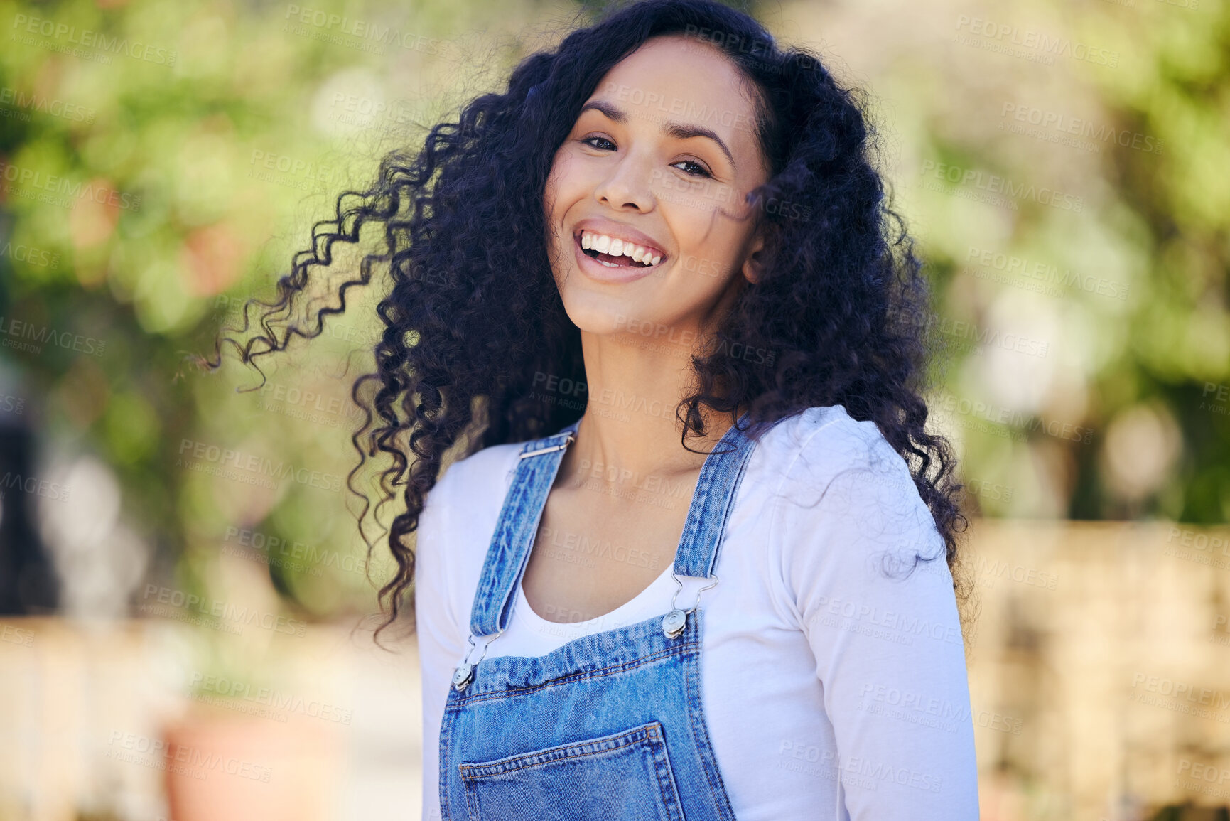 Buy stock photo Laughing, portrait and smile with woman in nursery for gardening, growth or landscaping for startup green business. Funny, garden or summer with happy florist outdoor for flower or plant sale