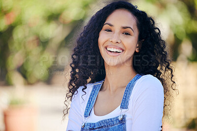 Buy stock photo Portrait, smile and summer with woman in park to relax in fresh air of nature for weekend outdoor. Environment, face and garden with happy person laughing for natural or warm weather in season