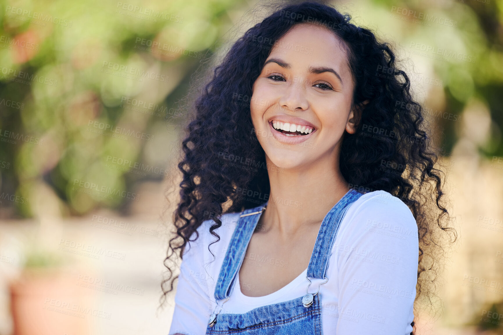 Buy stock photo Portrait, smile and summer with woman in park to relax in fresh air of nature for weekend outdoor. Environment, face and garden with happy person laughing for natural or warm weather in season