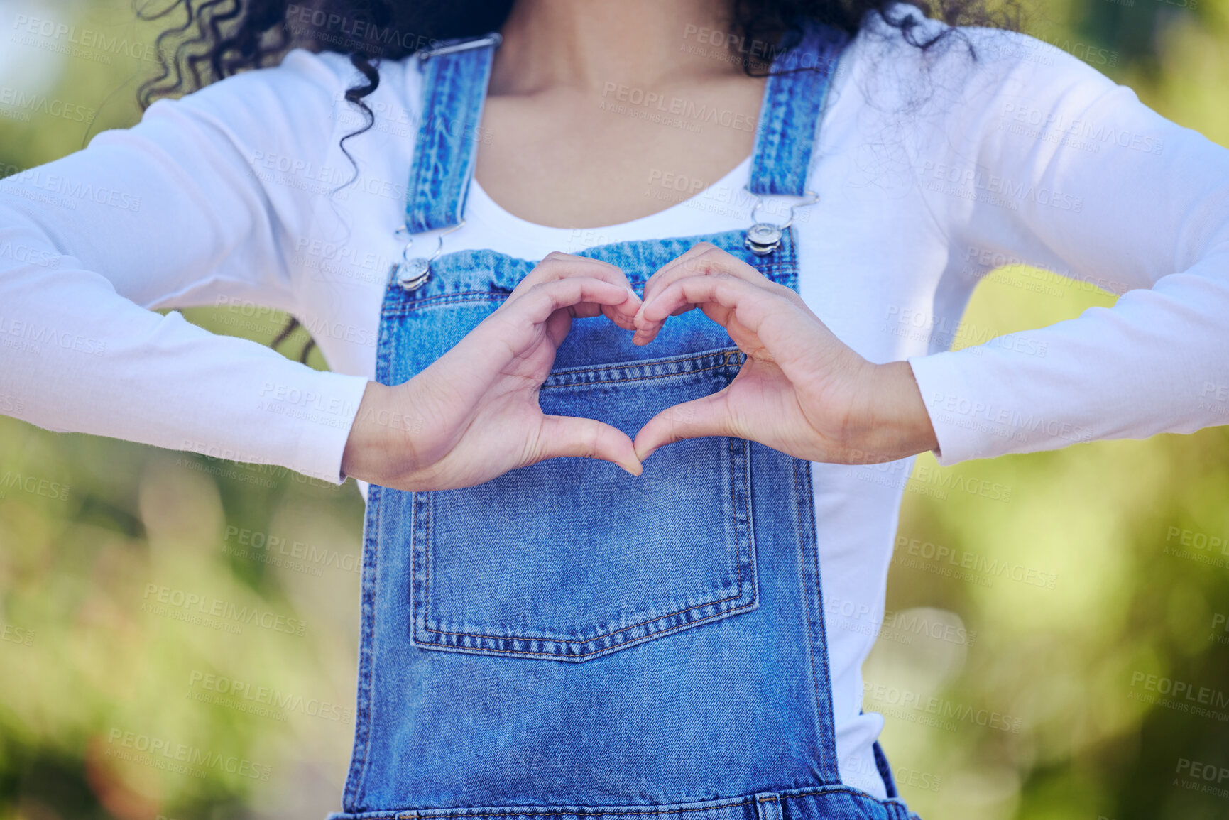 Buy stock photo Woman, hands and heart shape in outdoor with love, support and care for gardening in backyard at house in summer. Emoji, sign and hope in nature with trust, peace and wellness for garden growth goal