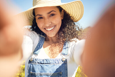 Buy stock photo Woman, pov and selfie with flowers, nature and field with smile portrait for sustainable farming. Farmer, agriculture and ecology for meadow, environment or ecosystem for carbon capture or green love