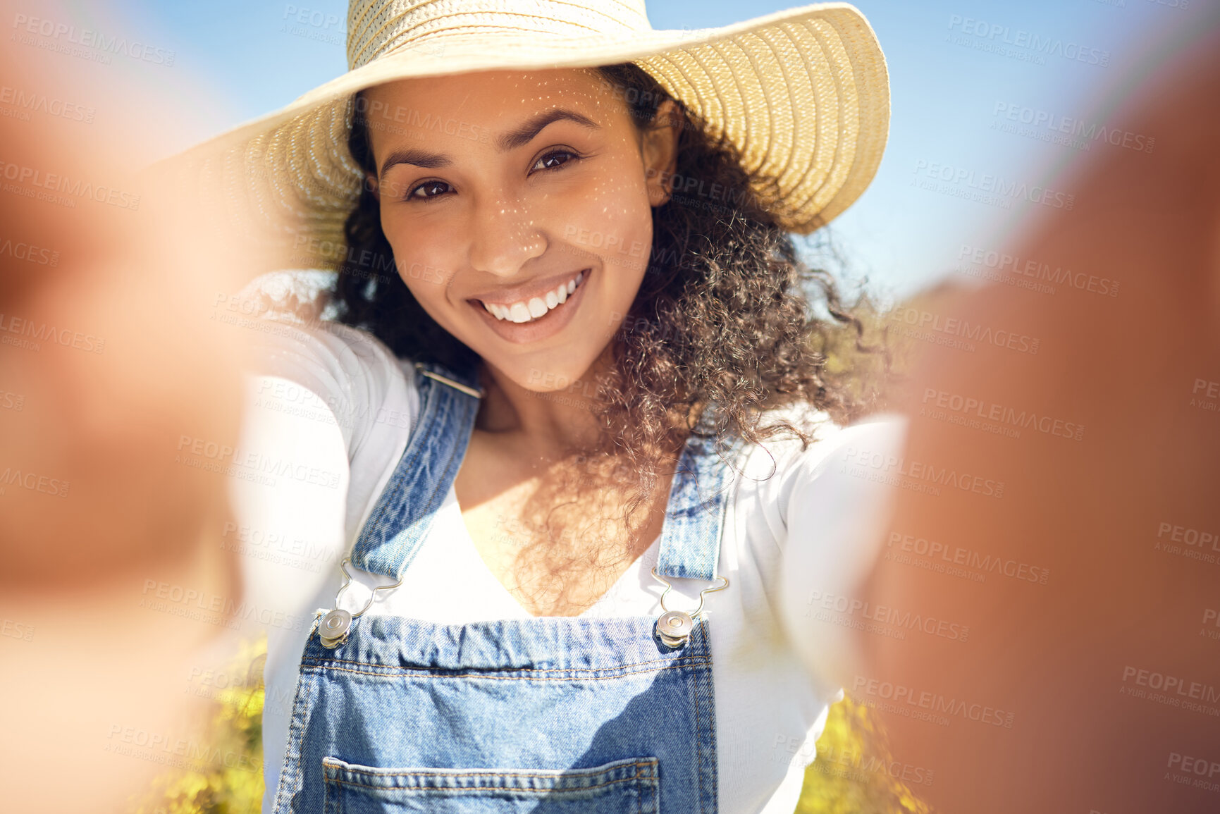 Buy stock photo Woman, pov and selfie with flowers, nature and field with smile portrait for sustainable farming. Farmer, agriculture and ecology for meadow, environment or ecosystem for carbon capture or green love