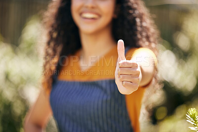 Buy stock photo Thumbs up, florist and hand of woman in garden farm for success, support or feedback for agreement closeup. Greenhouse, sign and happy person with gesture for like, ok or thank you for review emoji