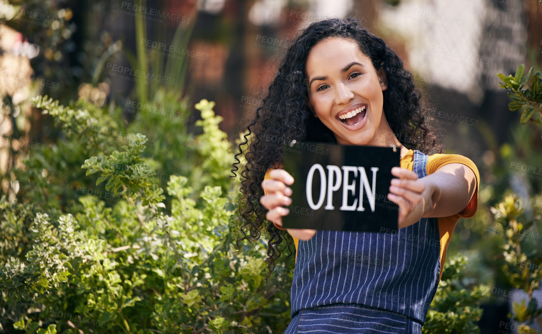 Buy stock photo Happy woman, portrait and small business with open sign for garden, plants or eco friendly environment in nature. Female person, gardener or entreprenuer with smile, billboard or poster for welcome