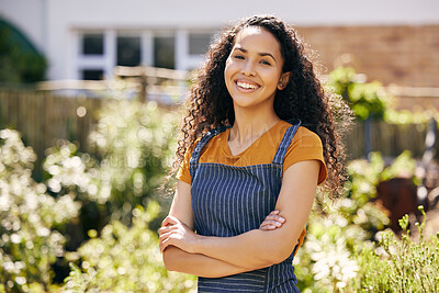 Buy stock photo Arms crossed, gardening and portrait with woman in nursery for growth, small business or sustainability. Flowers, garden and plants with happy person at startup for eco friendly retail or sale