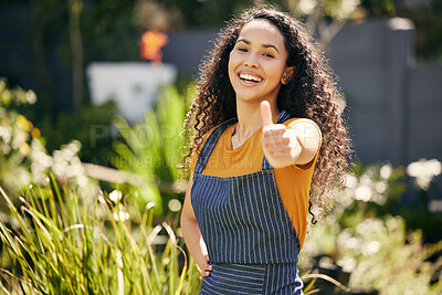 Buy stock photo Thumbs up, florist and portrait of happy woman in garden for success, support or feedback for agreement. Greenhouse, sign and person with hand gesture for like, ok and face laughing for review emoji