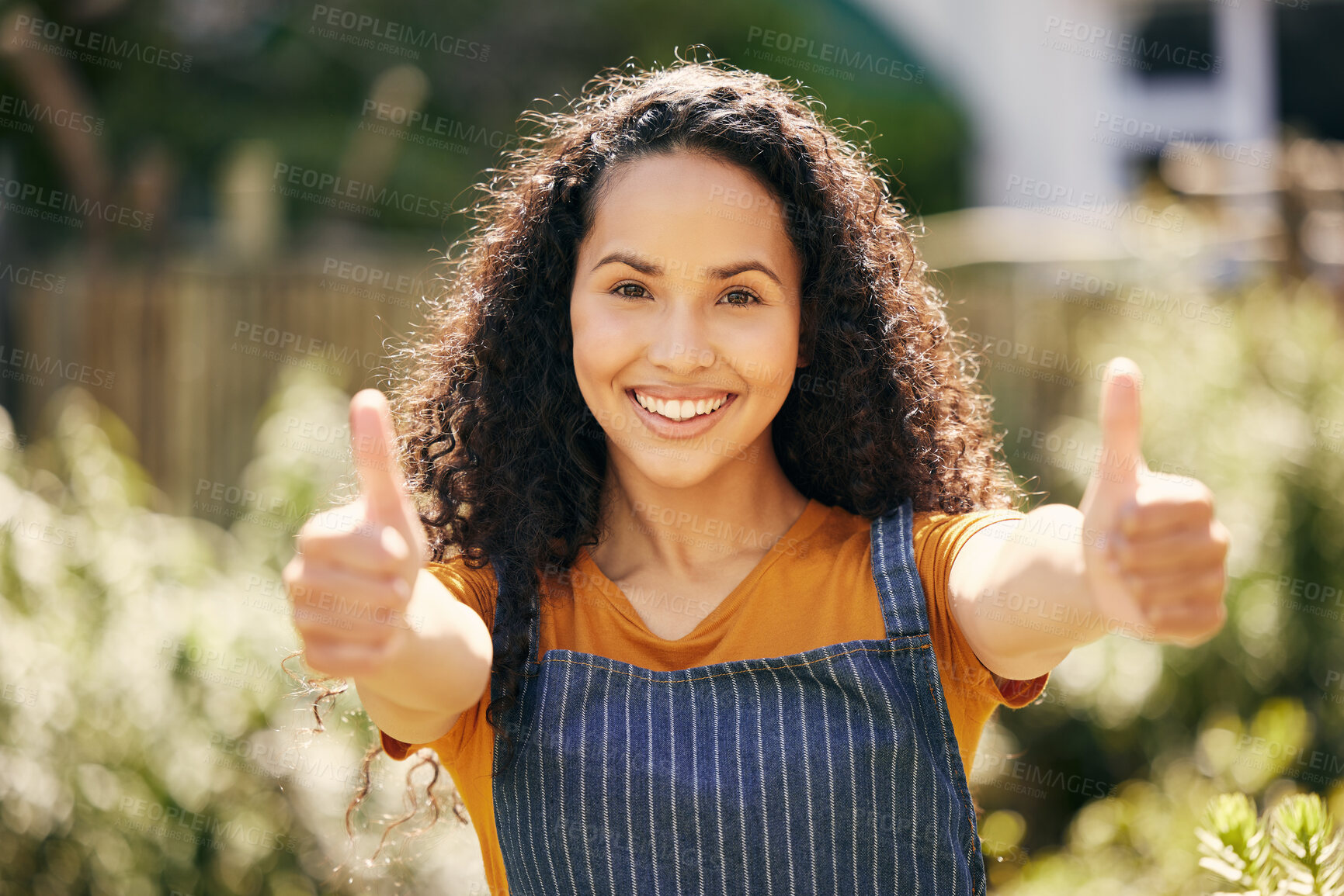 Buy stock photo Thumbs up, florist and portrait of woman in garden for success, support or feedback for agreement. Greenhouse, sign and happy person with hand gesture for like, ok and thank you for review emoji