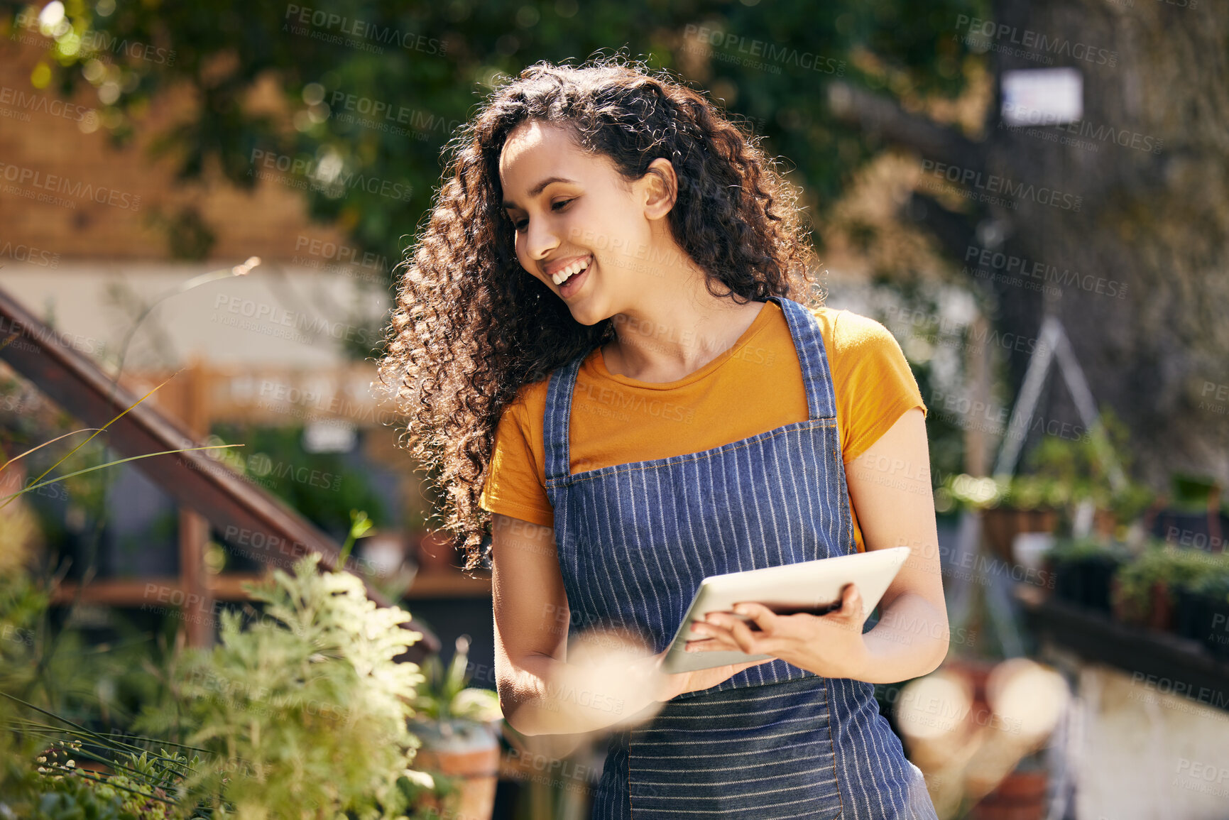 Buy stock photo Happy woman, plants and inspection with tablet for garden business, service or natural growth in nature. Female person, florist or gardener with smile on technology for agriculture or outdoor ecology