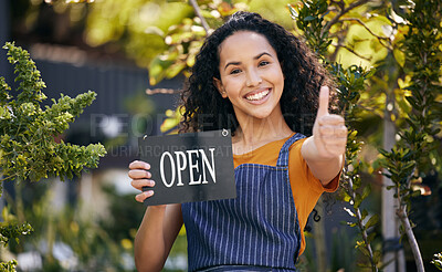 Buy stock photo Thumbs up, garden and portrait of happy woman with open sign for success or support of small business startup. Greenhouse, person or welcome of florist in nature with hand gesture for like, ok or yes