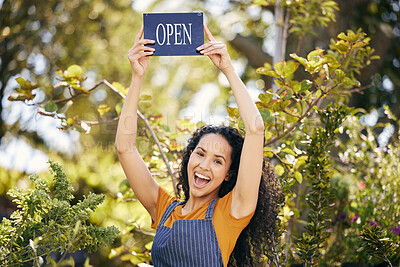 Buy stock photo Happy woman, portrait and small business of florist with open sign in nature for garden, plants or eco friendly environment. Female person or entrepreneur with smile, billboard or poster for welcome