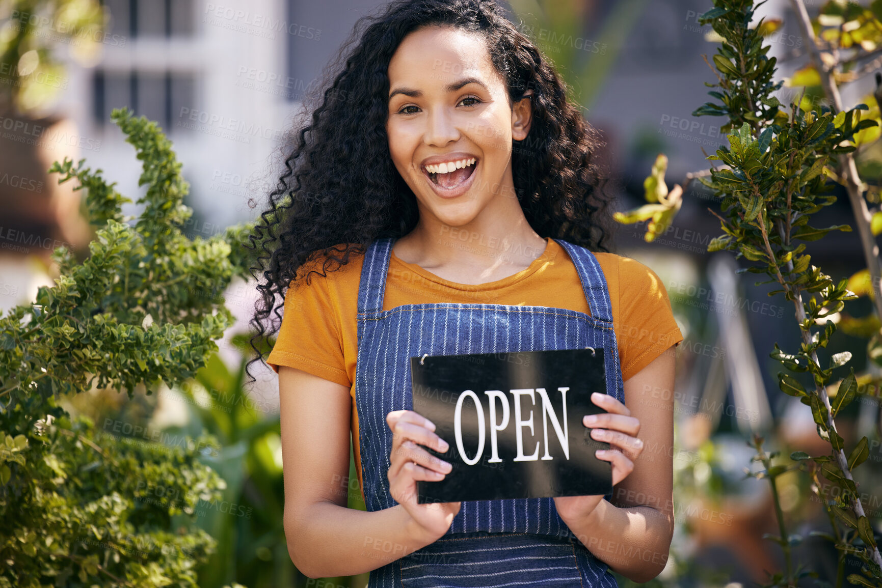 Buy stock photo Happy woman, portrait and small business with open sign for plants, eco friendly environment or garden in nature. Female person, gardener or entrepreneur with smile, billboard or poster for welcome