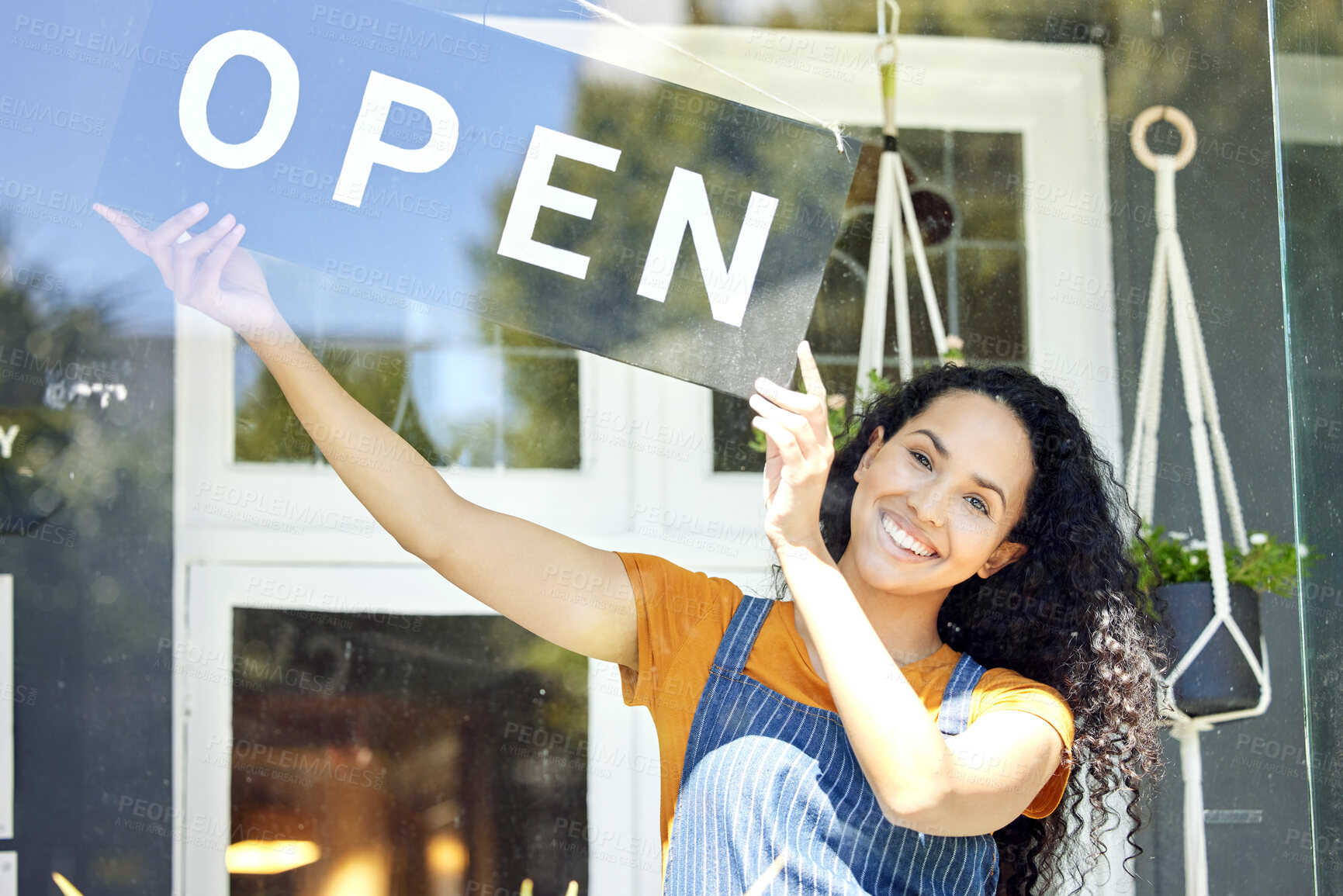 Buy stock photo Open sign, portrait and small business owner of restaurant, waitress and growth. Welcome, coffee shop and smiling female entrepreneur from Germany, startup cafe ready for service and happy employer