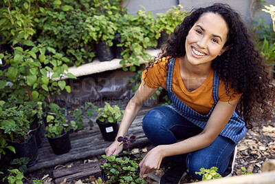 Buy stock photo Gardening, florist and portrait of woman, plants and entrepreneur with apron, spring and growth of flower. Small business, nature and person in garden, ecology and service for shop, green and outdoor