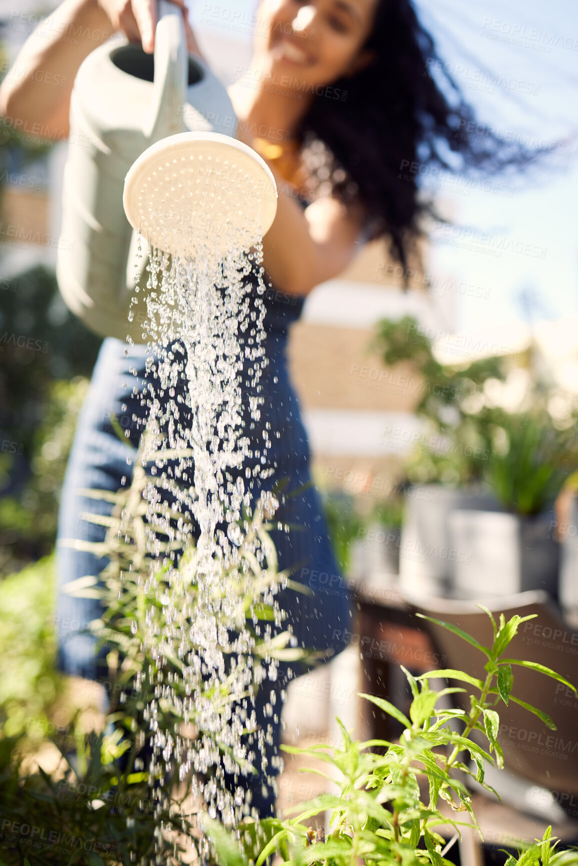 Buy stock photo Outdoor, florist and watering can for plants, woman and entrepreneur with apron, spring and growth of flower. Small business, nature and person in garden, ecology and service for shop and smile