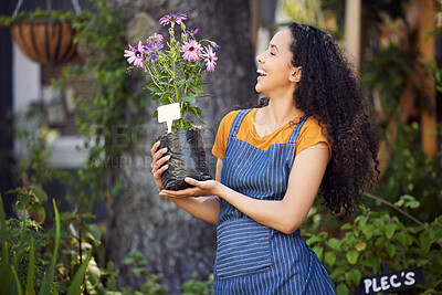 Buy stock photo Outdoor, florist and happy for flowers, woman and entrepreneur with apron, spring and growth of plants. Small business, nature and person in garden, ecology and service for shop, green and smile