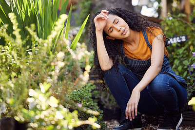 Buy stock photo Plant, woman or gardener with headache of stress, burnout and overworked in small business. Florist, exhausted and fatigue with sick or pain of work pressure, problem and backyard of shop owner