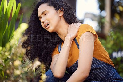 Buy stock photo Tired, shoulder pain and woman in garden with injury, accident or florist sick of stress outdoor in nature. Neck, worker or muscle problem for fatigue, arthritis or medical fibromyalgia in greenhouse