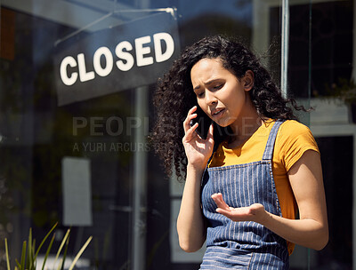 Buy stock photo Woman, closed business and sign in window with phone call, stress and bankruptcy with cafe closing. Contact, fail and problem, female owner of restaurant with financial crisis and communication