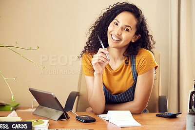 Buy stock photo Happy, young woman or cashier in portrait with tablet in shop counter for retail shopping, pos operator and business sales. Female person, technology and receipts in store for accounting and planning