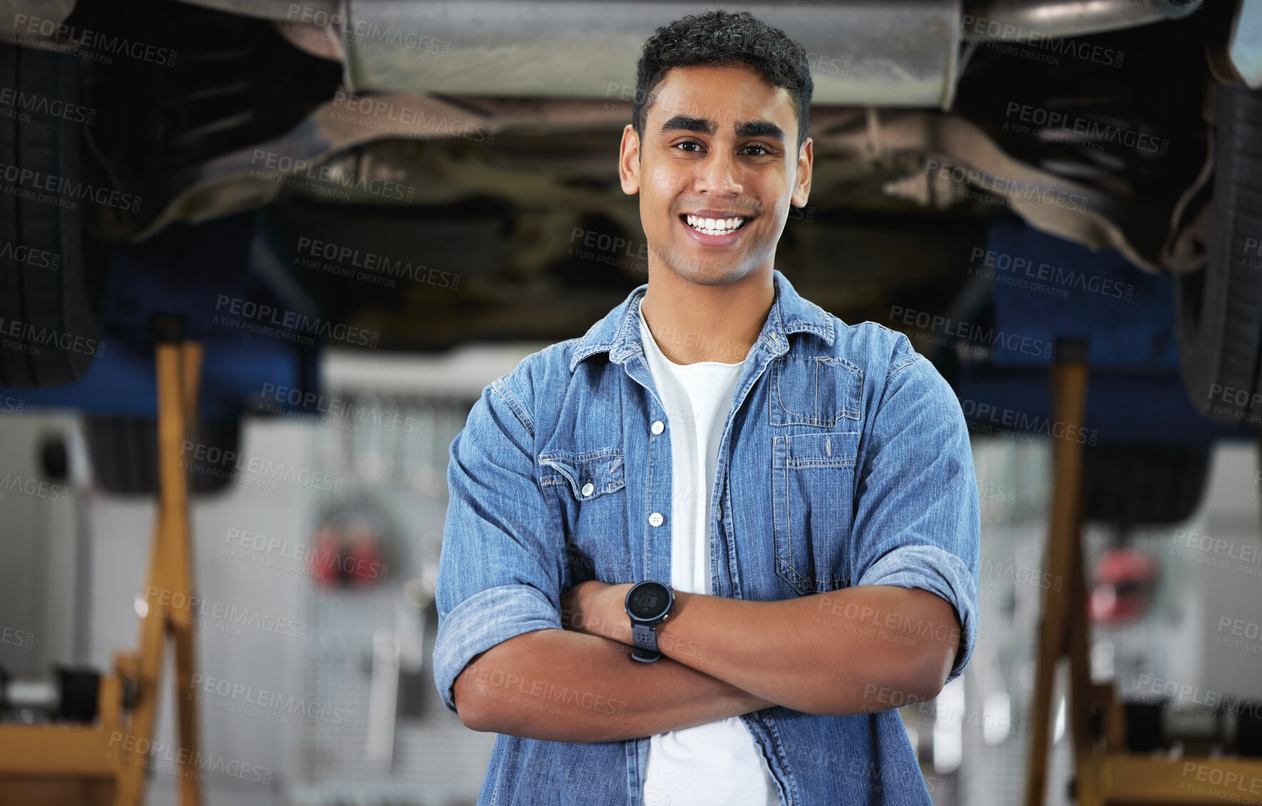 Buy stock photo Small business, portrait and mechanic in workshop for startup, car repairs and maintenance. Man, proud and happy in warehouse with vehicle, service center and success in auto servicing industry