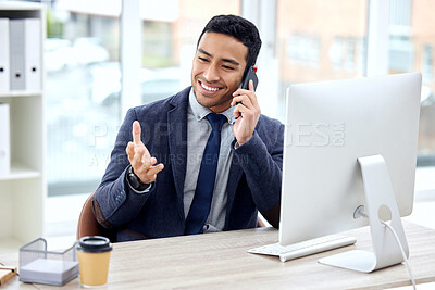 Buy stock photo Phone call, advice and business man in office, communication and discussion for finance, planning or feedback. Financial advisor, corporate employee or happy asian person talk on mobile and computer