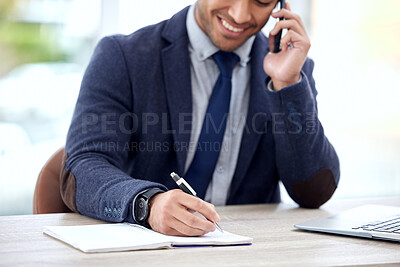 Buy stock photo Writing, phone call and business man with notebook for planning, communication and advice, schedule or calendar. Happy professional worker or corporate person with journal, mobile chat and ideas