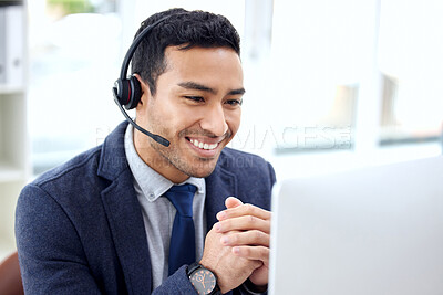 Buy stock photo Call center, insurance agent and business man consulting on video call doing telemarketing with a smile in an office. Computer, contact us and customer service employee talking, support or helping