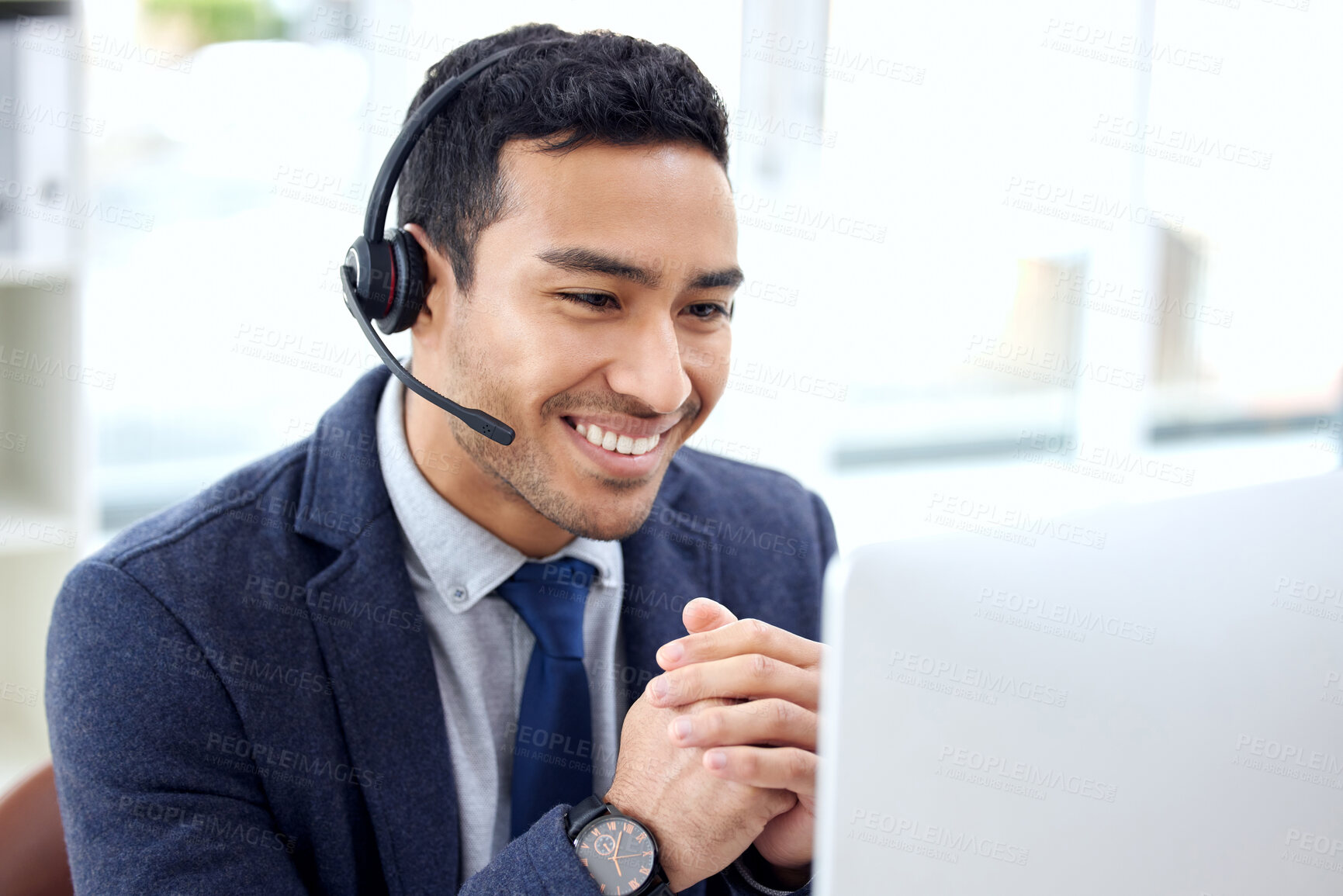 Buy stock photo Call center, insurance agent and business man consulting on video call doing telemarketing with a smile in an office. Computer, contact us and customer service employee talking, support or helping