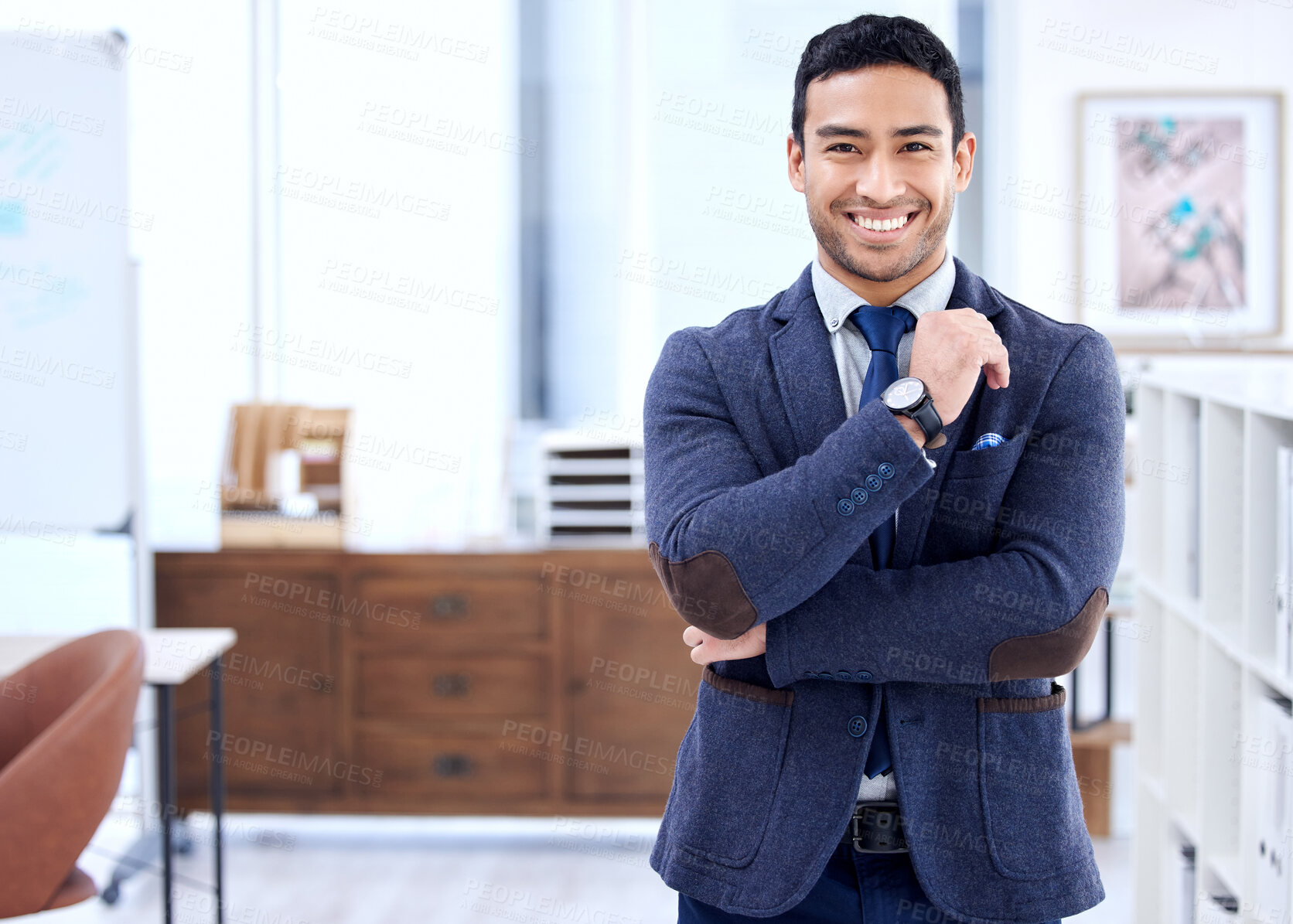 Buy stock photo Portrait, business and man confident in office, legal advisor and happy in law firm for corporate company. Attorney, professional and proud consultant for advice or dispute, workplace and expert